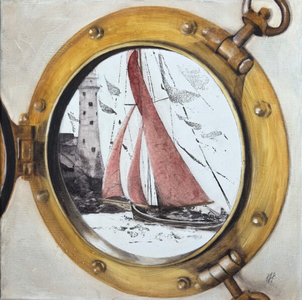 Vue sur le phare du Fastnet Rock par le hublot de la cabine